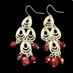 Teardrop Shaped Chandelier Earrings Silver Tone Red Beaded